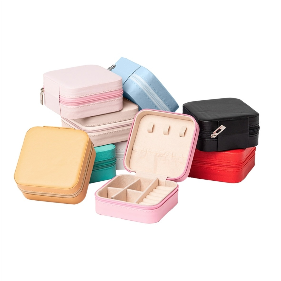 Estojo de joias compacto com zíper em diversas cores: rosa, azul, amarelo, verde, vermelho e preto